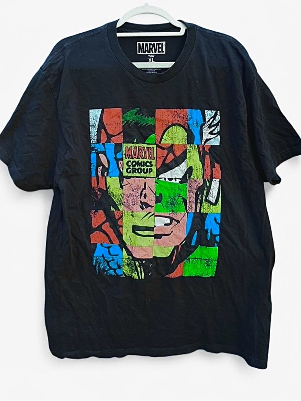 Marvel Black Short-Sleeve Graphic Grid Tee with Multicolor Comic Print
